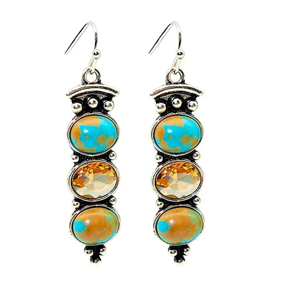 Silver Vintage Handmade Boho Turquoise Dangle Drop Stone Citrine Earrings - Picture 3 of 4